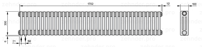 Схема (чертеж) Радиатор Zehnder Charleston 3030/37 №3370 Белый глянцевый RAL 9016